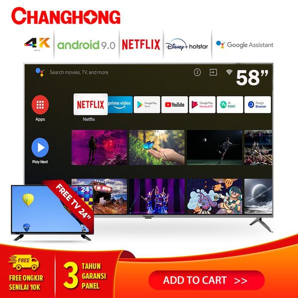 Changhong  58 Inch  4K UHD Google certified Android 9.0 Smart TV Digital  Netflix LED TV terbaik