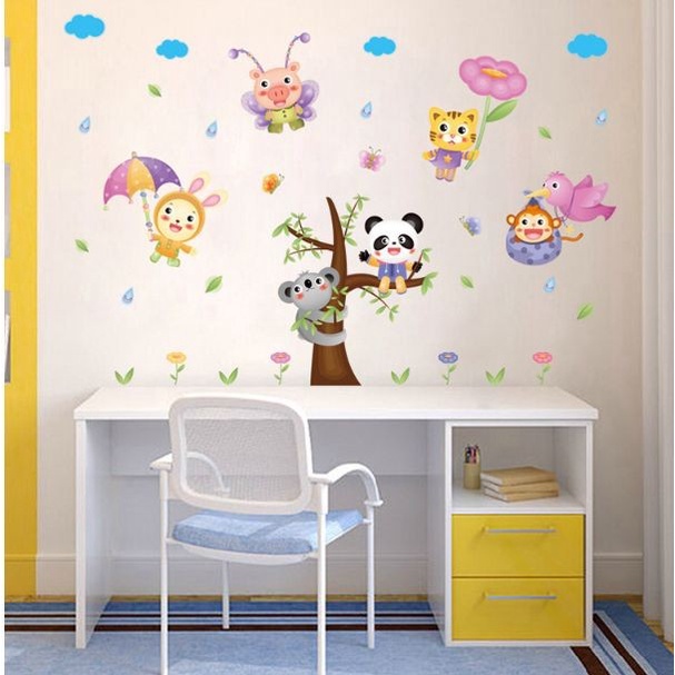 Stiker Dinding Wallstiker Motif Karakter Kartun Hewan Binatang Panda Dekorasi lucu Kamar anak
