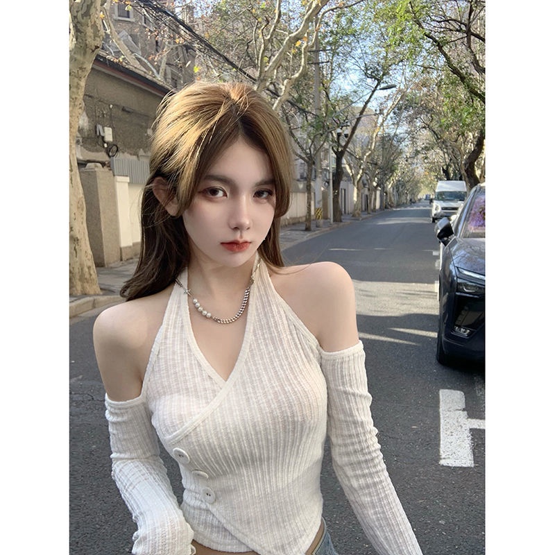 impor kemeja wanita bottoming halter neck sweater off-shoulder atasan tidak beraturan sweater V-neck