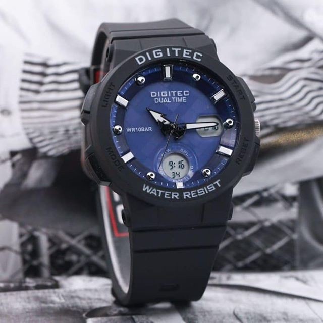 Jam Tangan Digitec Original Dualtime Tali Rubber Full Black Water Resistant 10bar