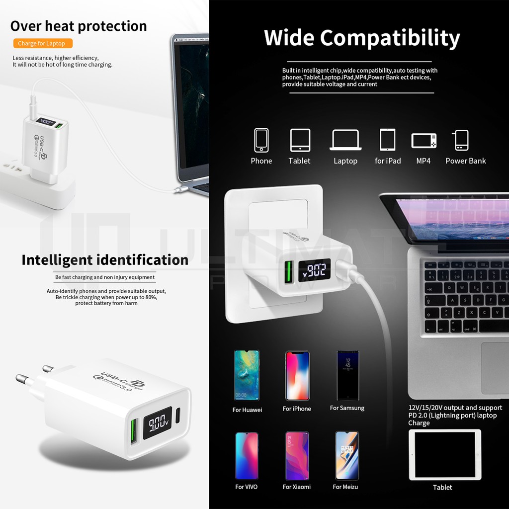 Adaptor 28W/kepala charger Ultimate 28W Super Fast Charging QC + PD LED Display original