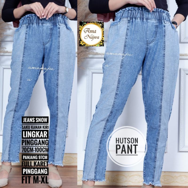Hutson Baggy Pants Celana Wanita Polos Jeans Rawis Dua Warna Lp 70-100 Fit XL Pinggang Karet By AMJ
