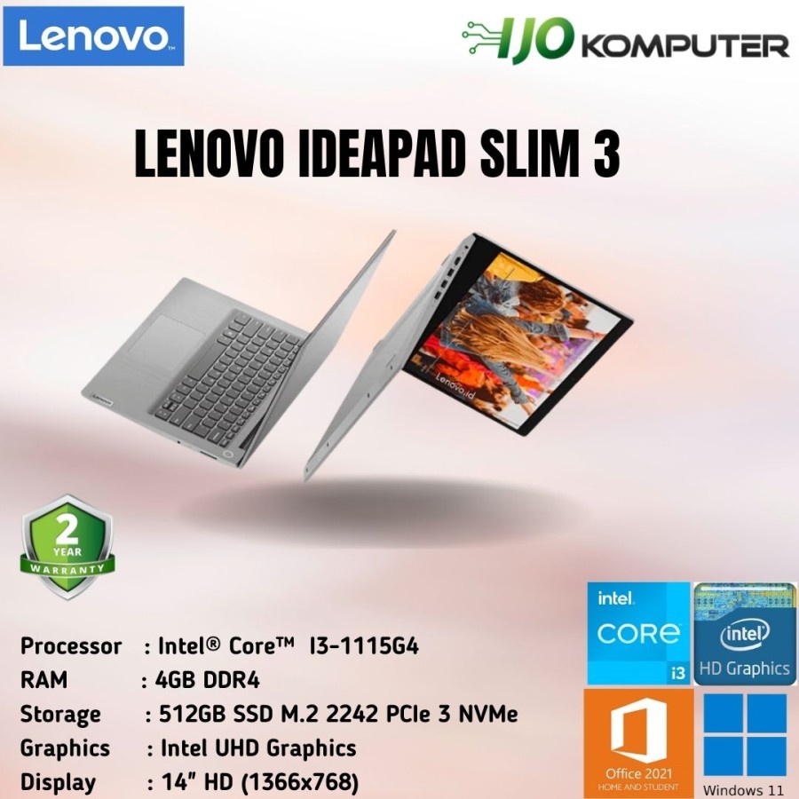 LAPTOP LENOVO IDEAPAD SLIM 3 - I3 1115G4 4GB 512GB SSD FHD WIN11 + OHS