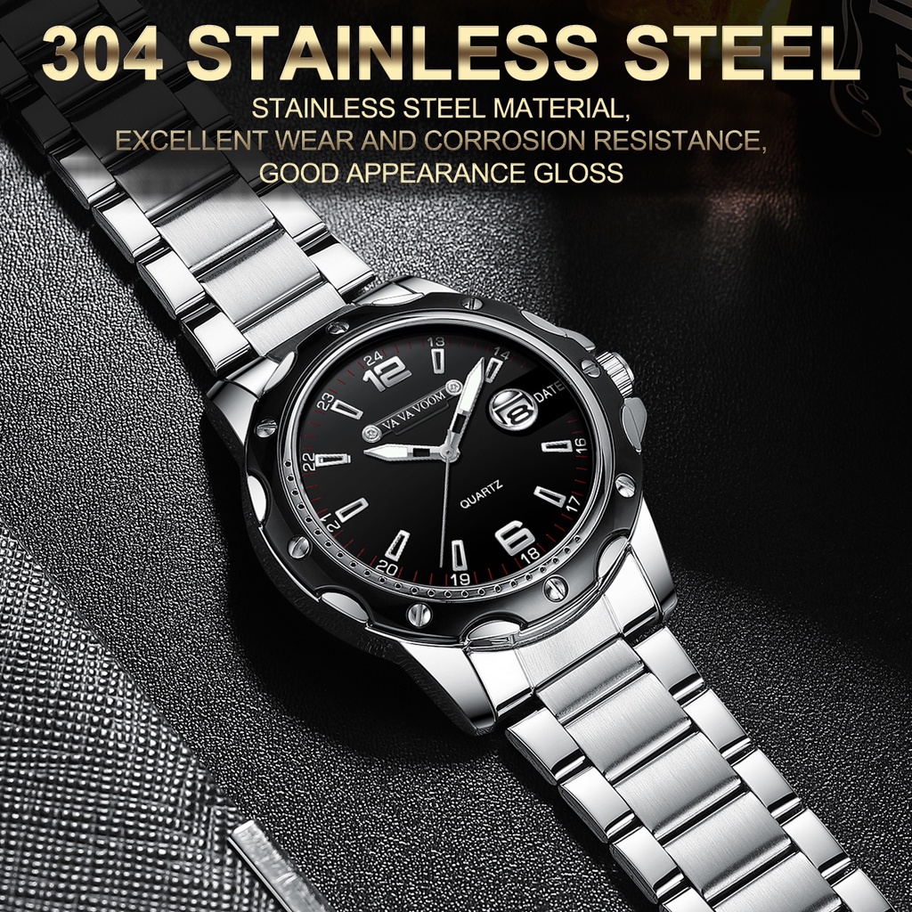 VaVa Voom 2411 Jam Tangan Pria Tanggal Stainless Steel Quartz Original Tahan Air Watch + Kotak Gratis