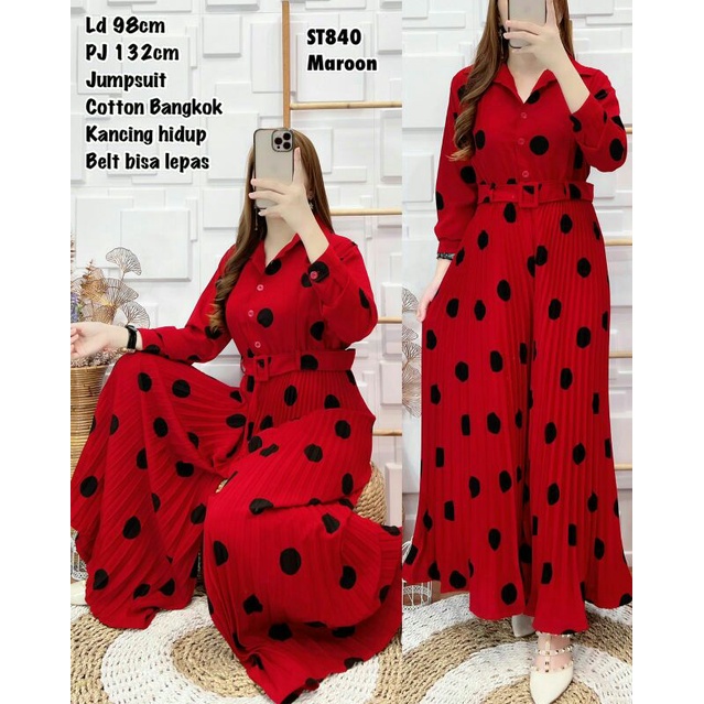 ST840-Jumpsuit Bangkok Plisket Polkadot 100% REAL PICT