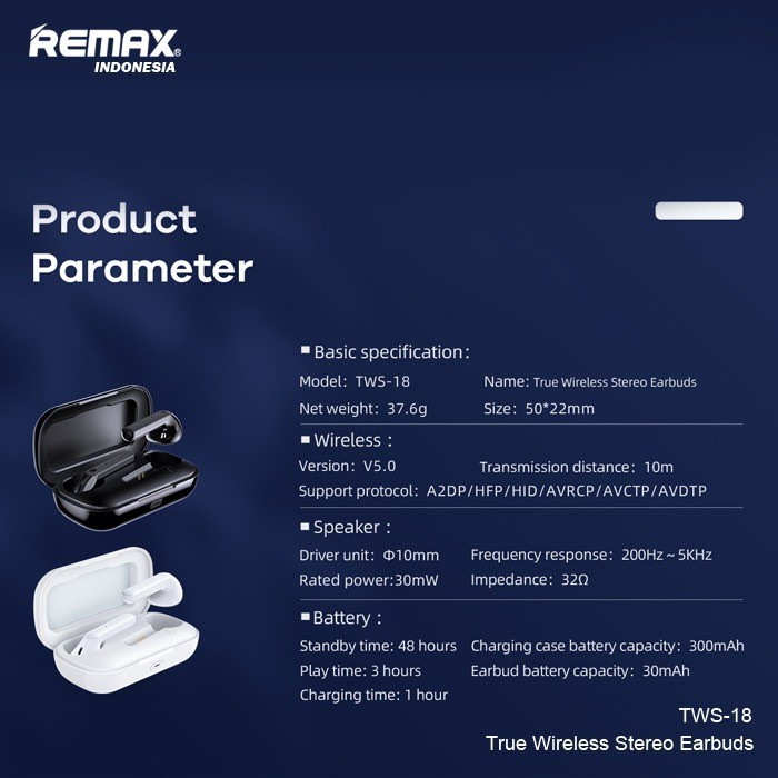 REMAX True Wireless Stereo Earbuds 5.0 Bluetooth Ver TWS-18 Earphone