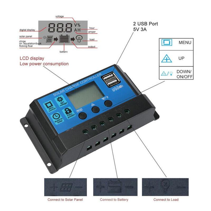 Solar Charge Controller LCD LED Display Solar PWM 12V/24V 30A  USB Panel Surya Charge