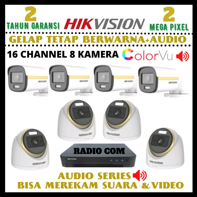 PAKET CCTV HIKVISION 2MP COLORVU 16 CHANNEL 8 KAMERA AUDIO FUL COLOR SIANG MALAM BERWARNA