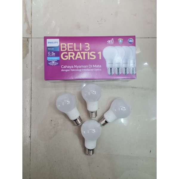 philips lampu led bulb 6watt mycare 6w paket 3 gratis 1 termurah 6 watt cahaya putih