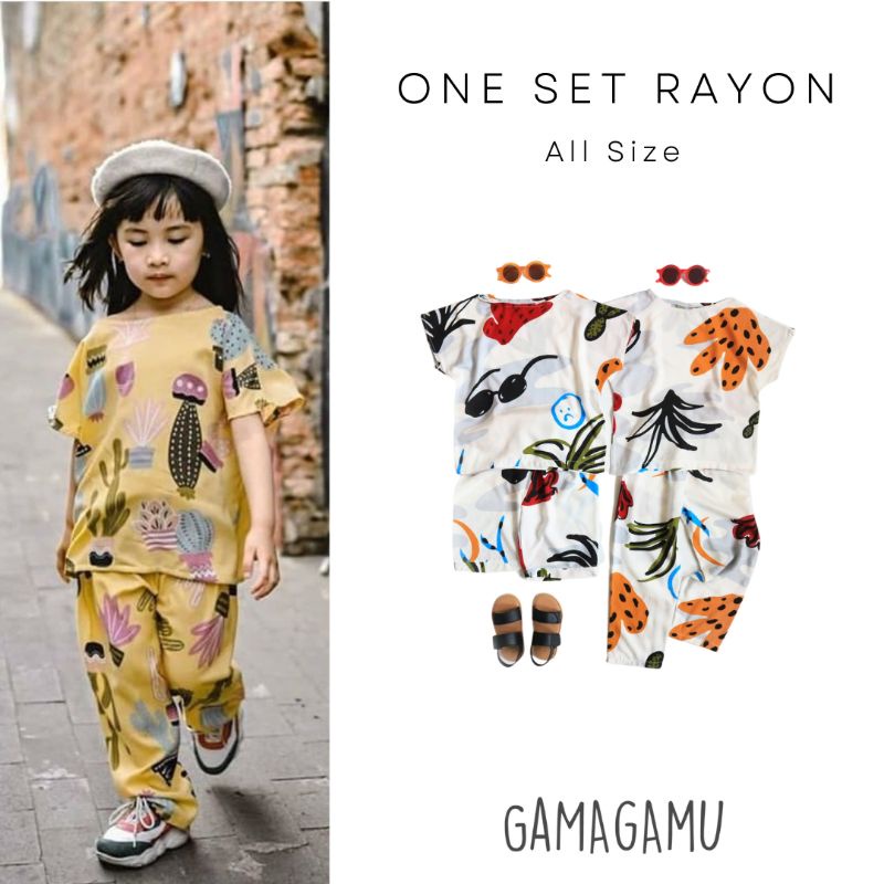 GamaGamu - Setelan Piyama Anak One Set Rayon Premium Lengan dan Celana Pendek Motif Kaktus
