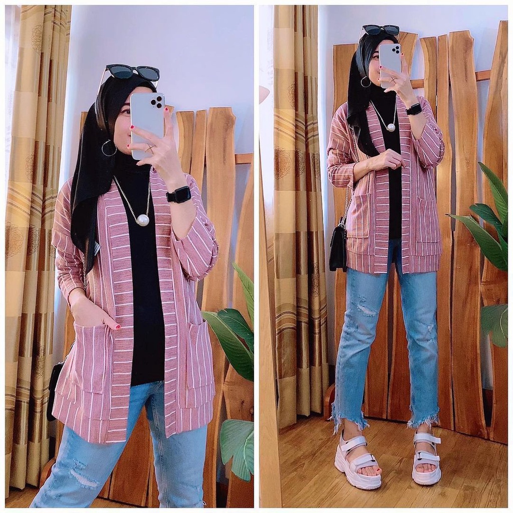 Outer Salur Wanita Cardigan Motif Garis Bahan Lycra Knite