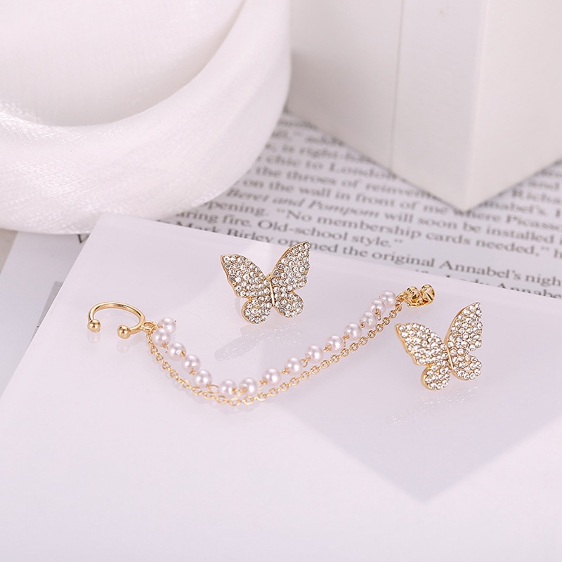 Fancyqube Anting Rantai Manik-Manik Kupu-Kupu Aksen Berlian Imitasi Gaya Korea Untuk Wanita