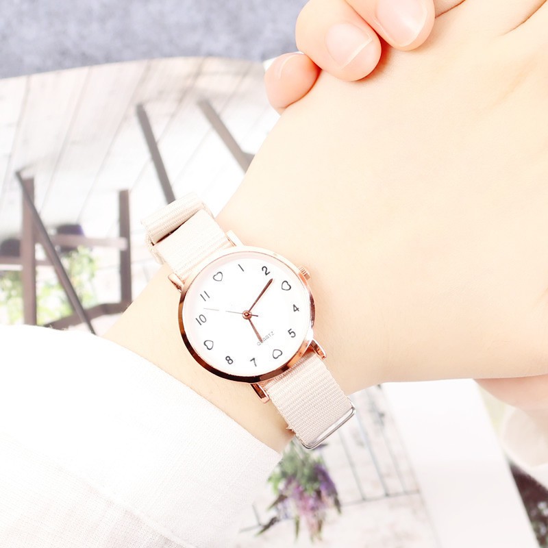 ELBER J173 Jam Tangan Kanvas Wanita Jam Analog Cewek Elegan Wrist Watch-Putih