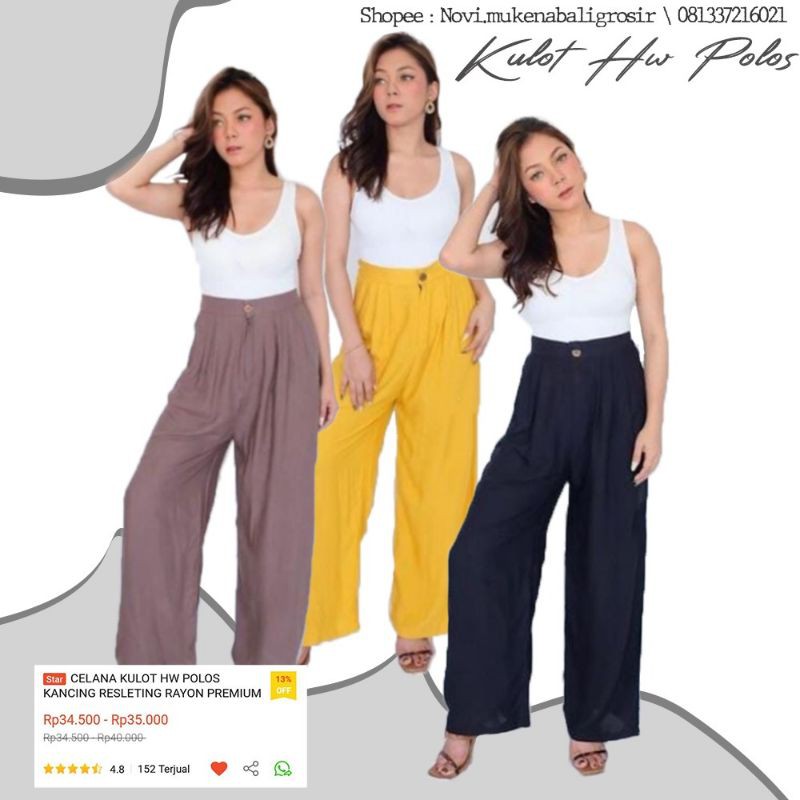 DASTER BALIKU /CELANA KULOT HW POLOS KANCING RESLETING RAYON PREMIUM/KULOT MURAH