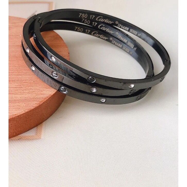 GELANG CARTIR BLACK SLIM TITANIUM  PERMATA ANTI KARAT DAN LUNTUR