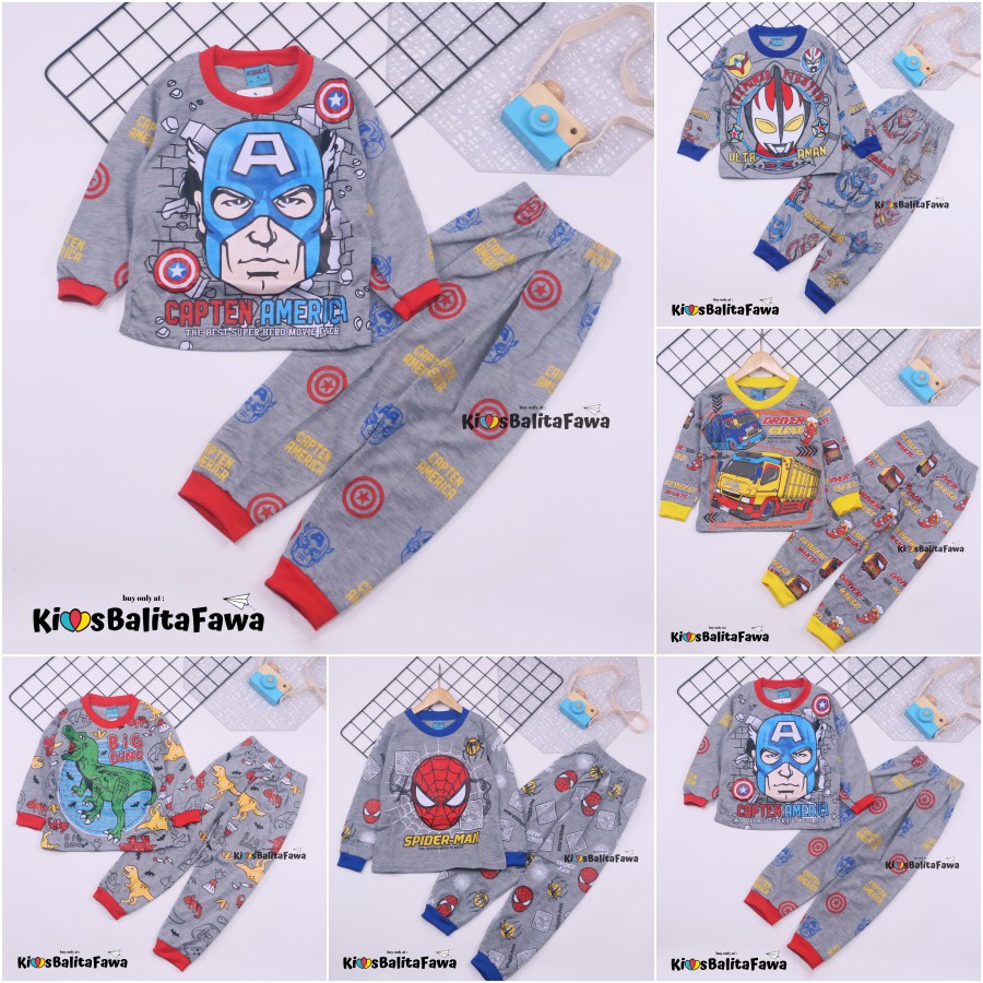 Setelan Marvell uk 5-6 Tahun / Bahan Kaos Anak Celana Panjang Laki Cowok Baju Tidur Piyama