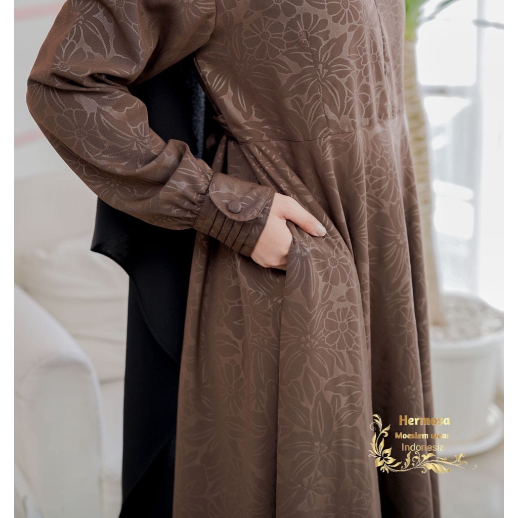 (Hermosa) Gamis embos hermosa motif bunga lily coklat tua-gamis syari coklat tua premium wolfis