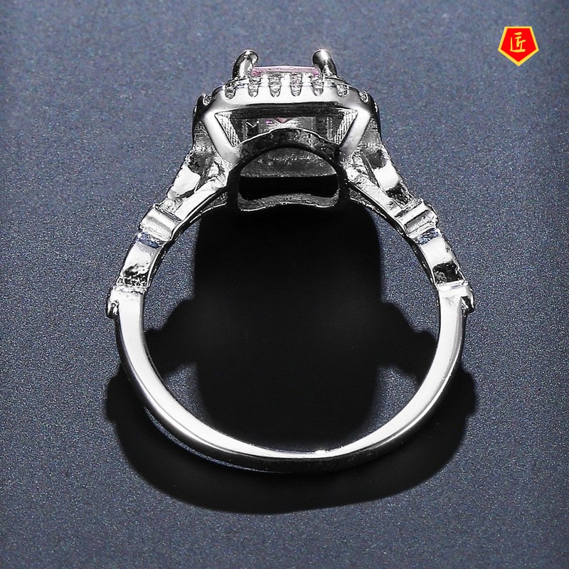 [Ready Stock]925 Silver Pink Micro-Inlaid Square Rhinestone Ring