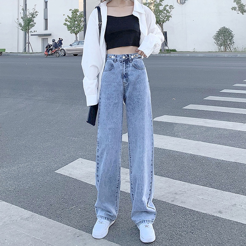 Jeans longgar pinggang tinggi wanita Korea dengan warna biru muda