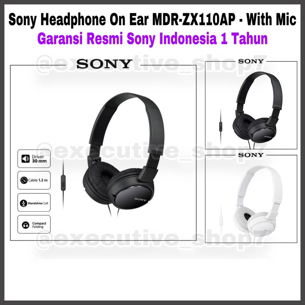 Sony Headphone On Ear MDR-ZX110AP - MDR ZX110AP - MDRZX110AP - With Mic Garansi Resmi Sony 1 Tahun