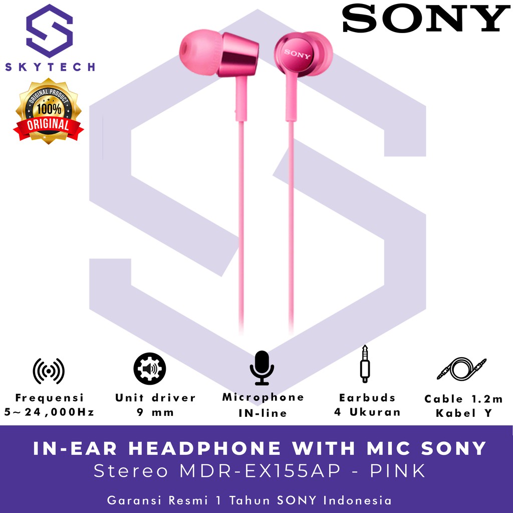 EARPHONE SONY MDR EX155AP PINK ORIGINAL GARANSI RESMI