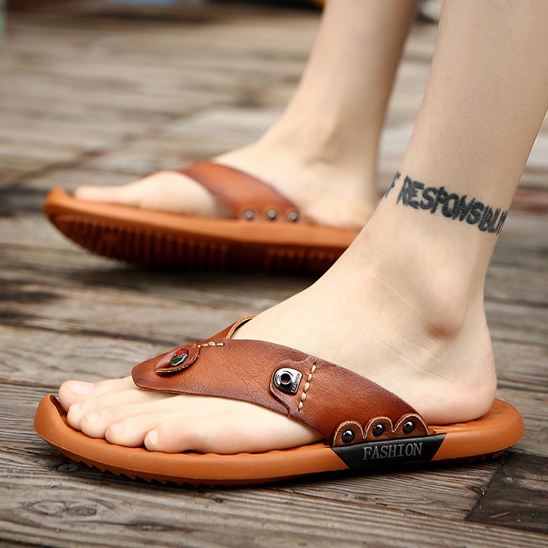 100% Kulit Asli COD Sandal Jepit Pria Olahraga Sandal Outdoor Fashion Karet Rumah Sandal Santai Pria Sepatu Keren 040