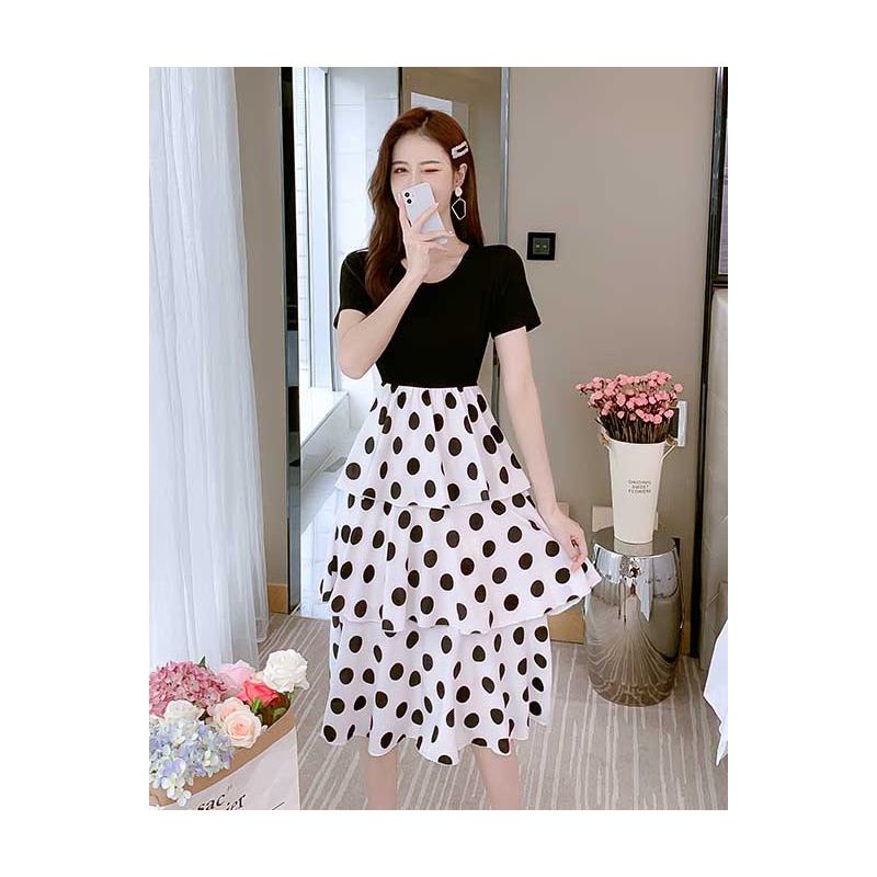 Dress wanita hitam bawahan totol totol hitam Korea elegant