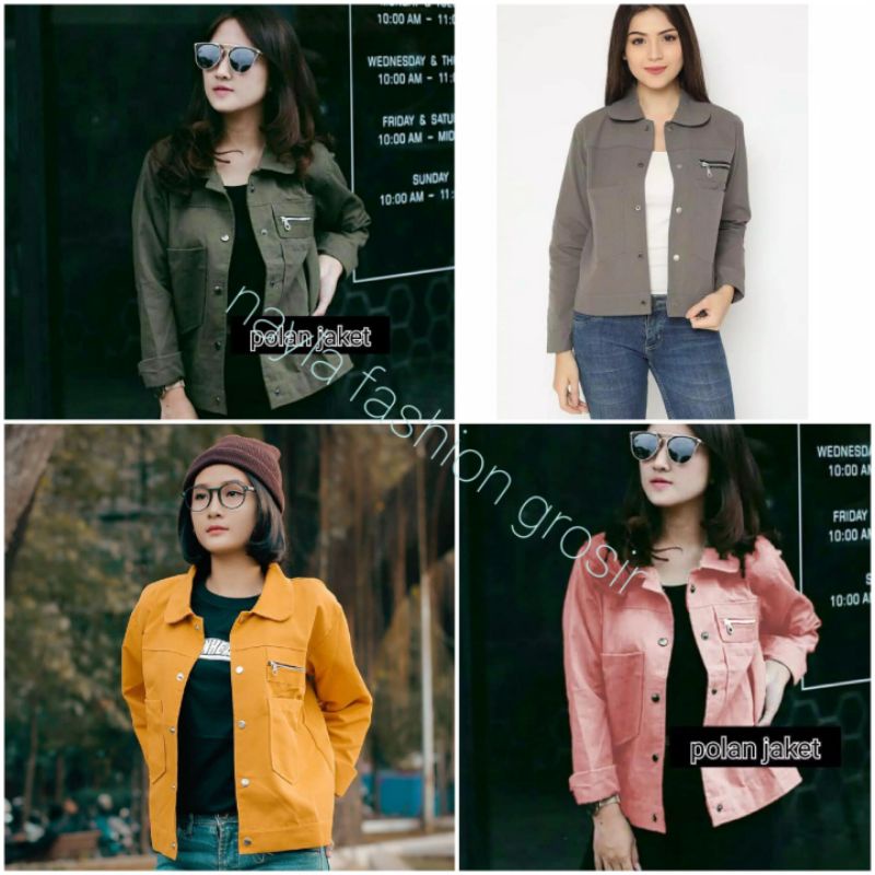 Jaket polan wanita/jaket polan kekinian/jaket canvas wanita/pocket zippy/jaket kerah wanita/ jaket canvas premium /zippy wanita/gudang fashion/murah - polos - bahan baby canvas