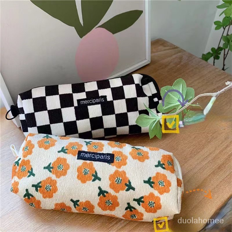 

AGOEE-Japanese Retro Corduroy Flowers Storage Bag Cosmetic Bag Student Stationery Kids School Supplies Cut