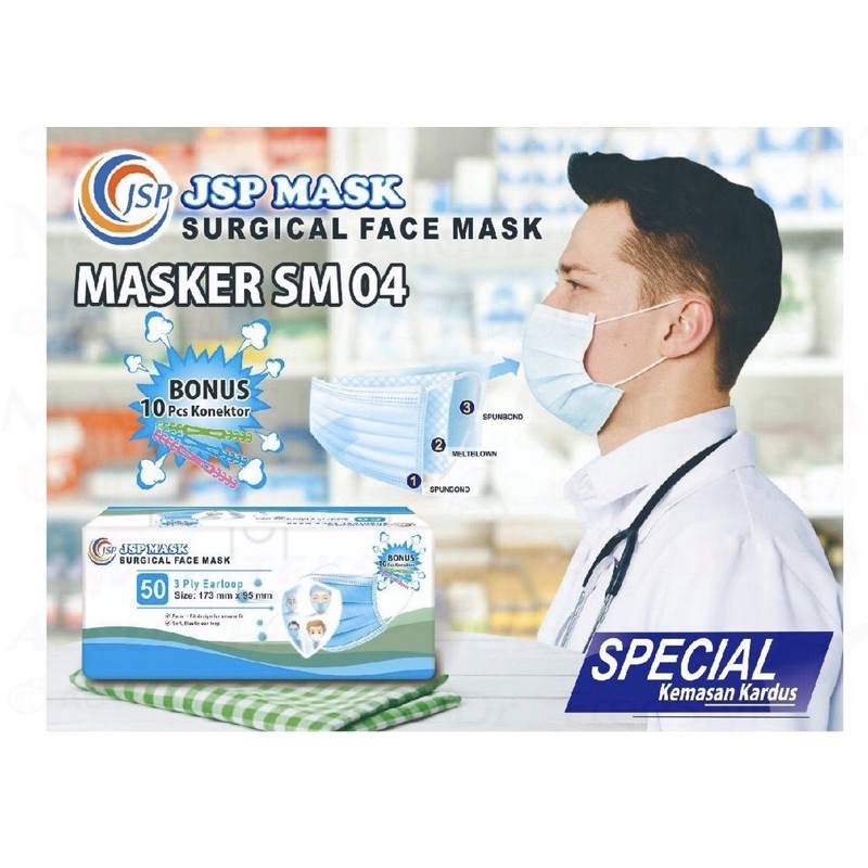 JSP MASKER MEDIS 1box isi 50pcs GRATIS/FREE KONEKTOR