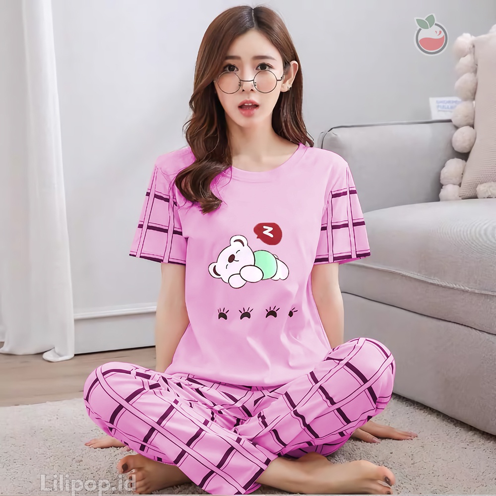 Baju Tidur Stelan Wanita Celana Panjang Baby doll Dewasa Piyama Allsize Cp Lilipop Sleep Wear-sleep bear pink