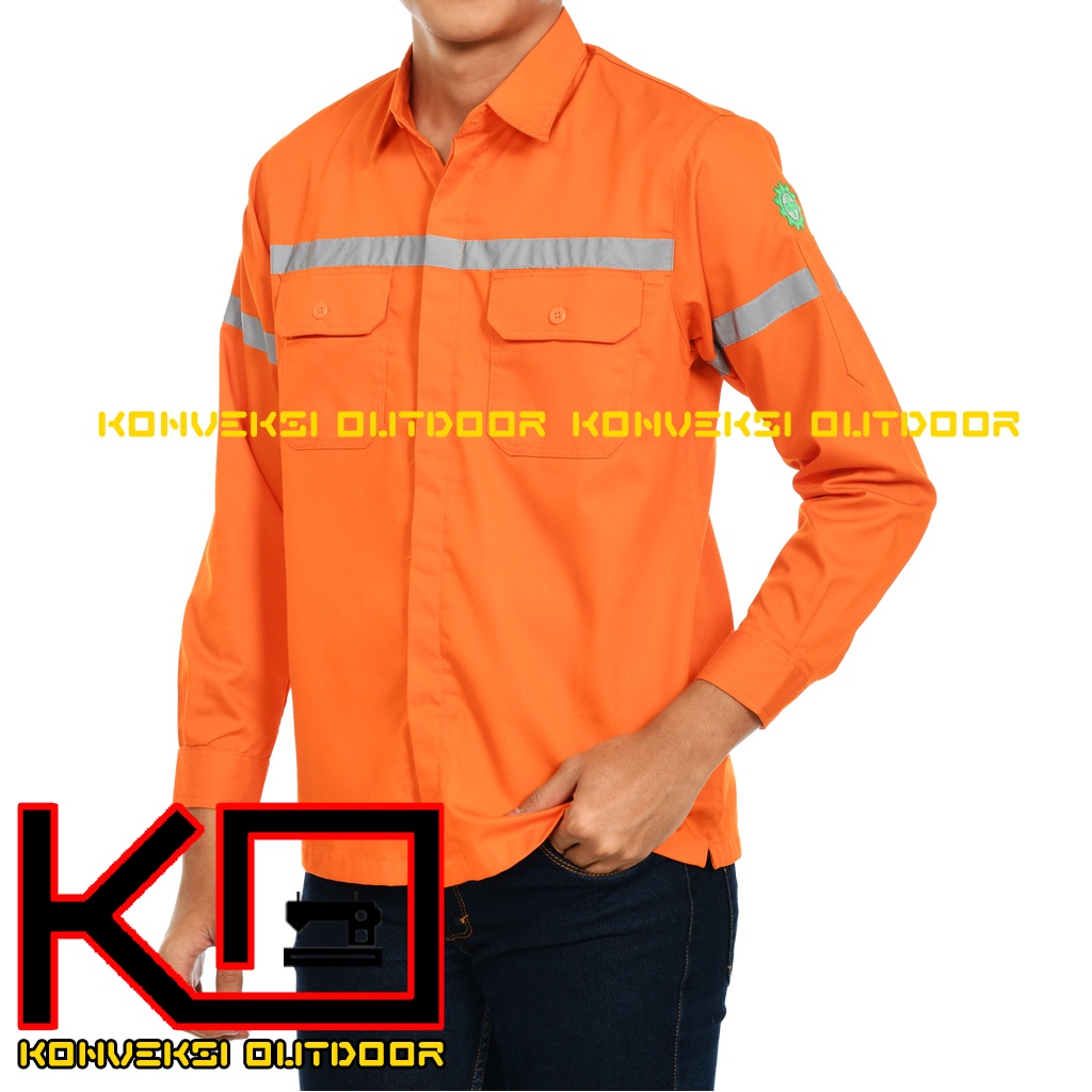 KEMEJA WEARPACK BAJU SAFETY K3 OUTDOOR INDOOR - Seragam Kemeja Kerja Lapangan Lengan Panjang Proyek Bangunan Tambang Alat Berat PLN Enginer Instalasi Mesin werpek sefti Scotlit Warna Orange Konveksi Outdoor