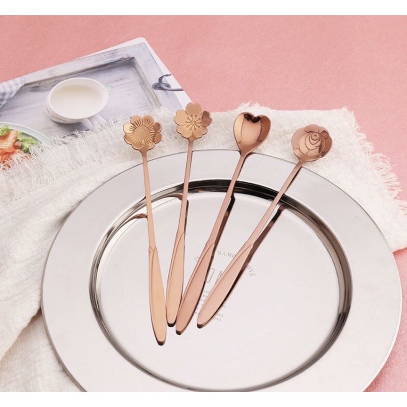 SENDOK TEH GOLD / ROSE GOLD PANJANG MOTIF BUNGA / SENDOK TEH LOVE GOLD