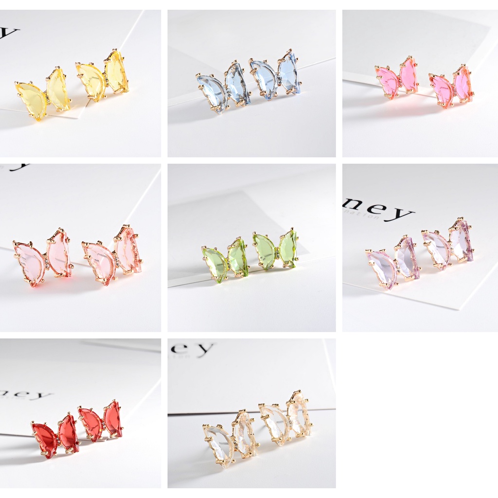 Anting Kristal Korea Lucu Transparan Berwarna Kupu-Kupu / Aksesoris Fashion Anting Kupu-Kupu Import