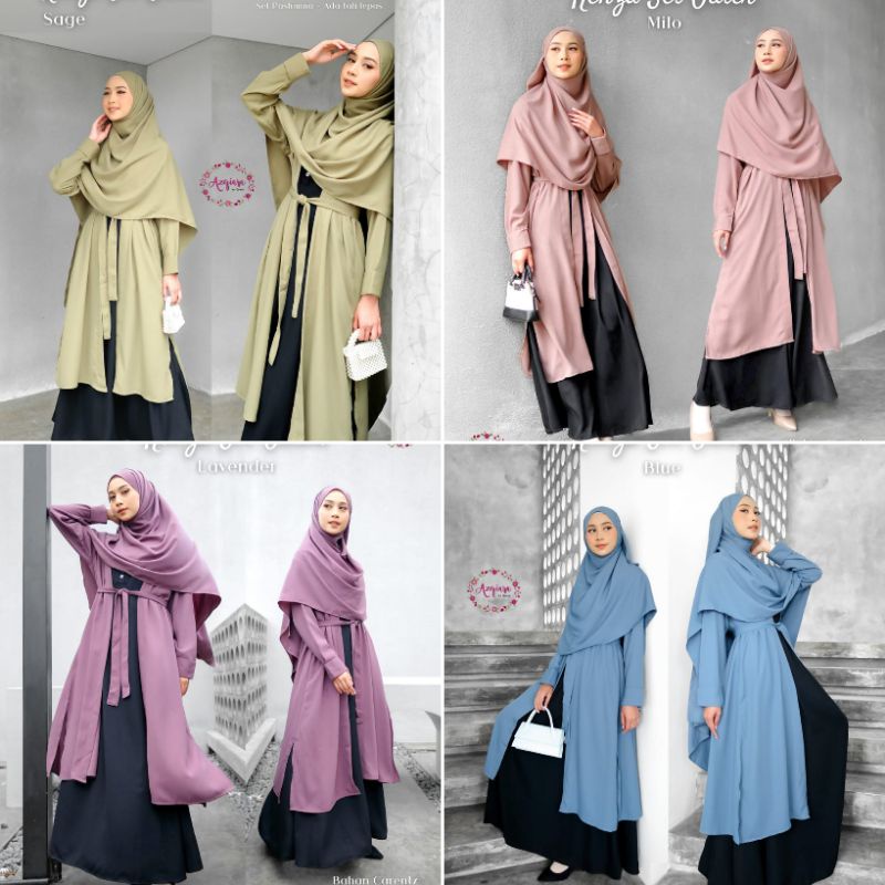 GHUI ~ Kenza Set Outer Syari Original Azqiara By Qiara Setelan Dress +Pashmina Muslim Bahan Carenzt 