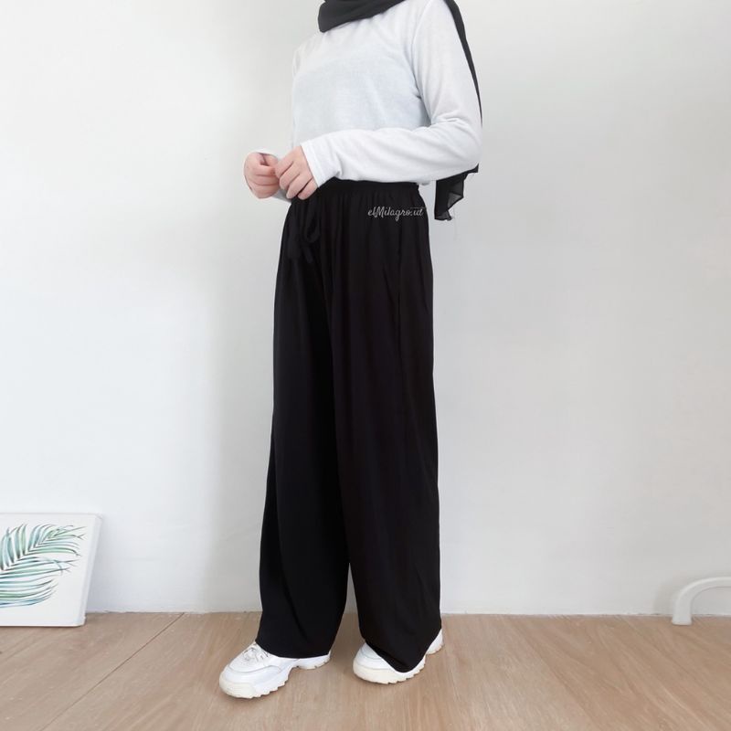 Celana Kulot Rayon Crincle Crinkle Airflow Panjang Wanita Premium Highwaist Loose Cullote Pants Homewear Jumbo Terbaru Kekinian-RAYON Hitam