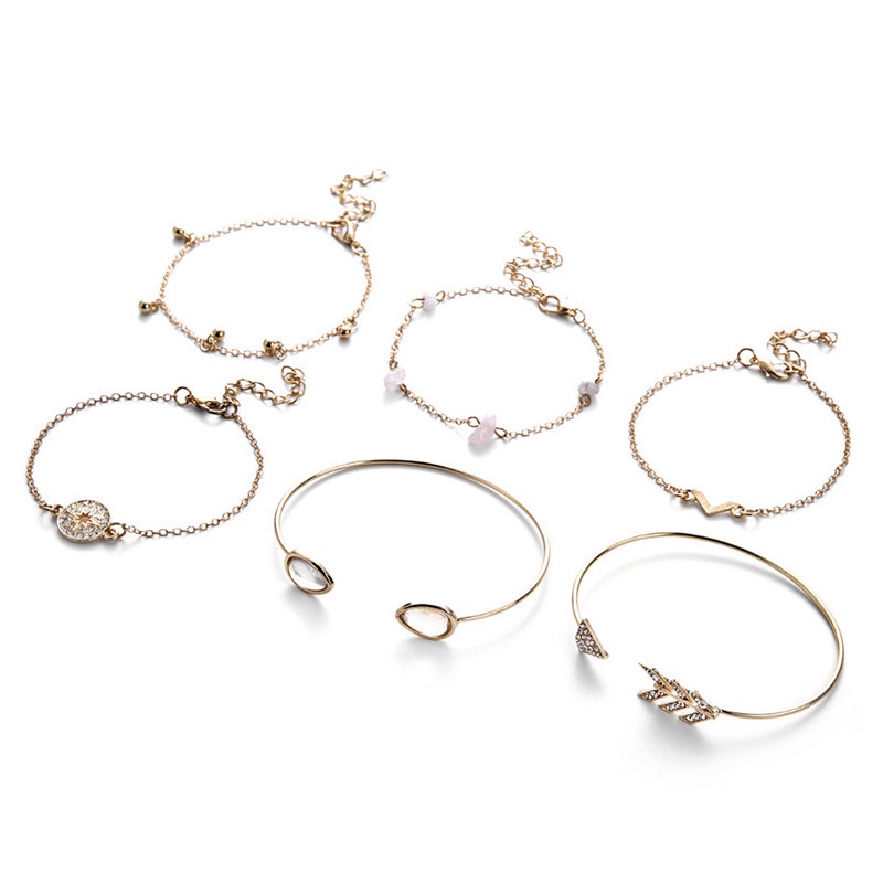 6pcs / Set Gelang Multilayer Bentuk V Kompas Warna Emas Untuk Wanita