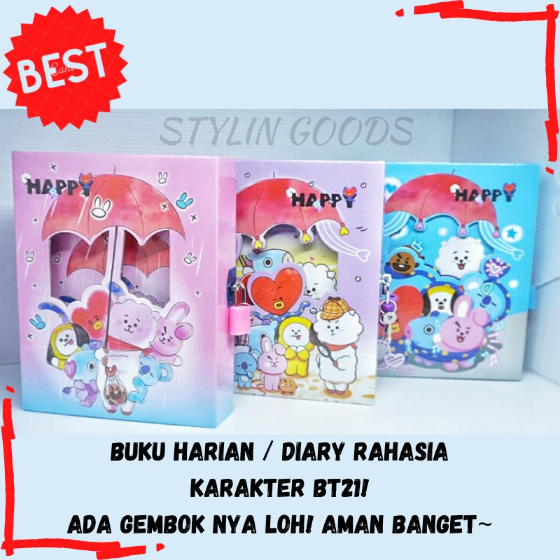 BUKU DIARY HARIAN GEMBOK JURNAL RAHASIA KARAKTER BTS BT21 KPOP KOREA ARMY TERMURAH READY GOJEK COD