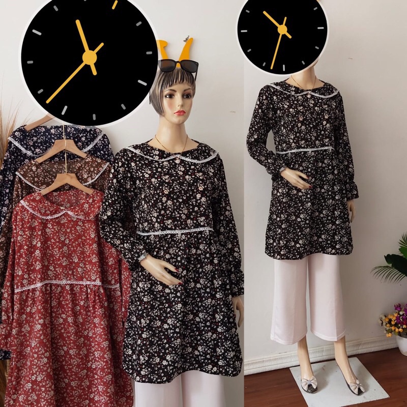 tunik long tunik tunic midi dress gamis model korea renda kerah motif bunga kecil vintage kekinian b