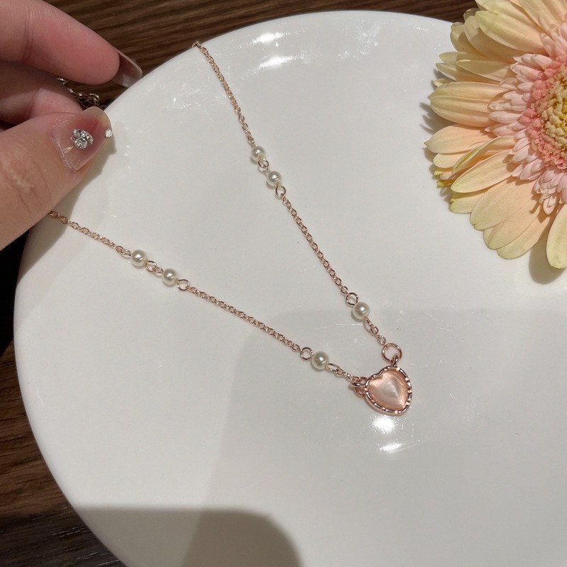 Kalung Rantai Desain Hati Warna Pink Aksen Mutiara Untuk Wanita