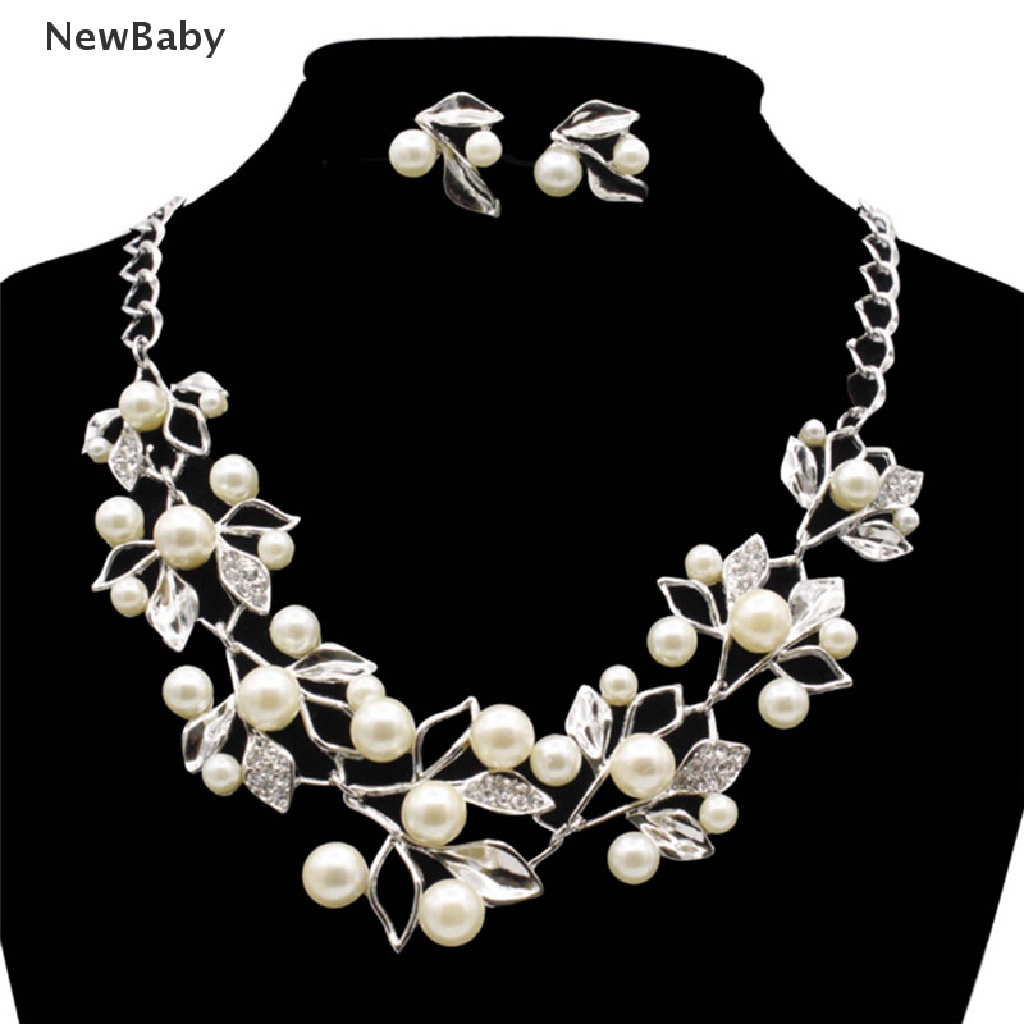 NewBaby Pearls Crystal Tree Leaves Necklace Earring  Elegant Ladies Luxury Jewelry Set  ID