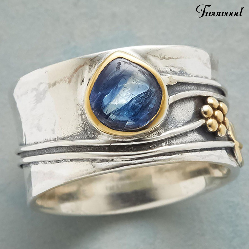 Twowood Two-tone Simple Statement Vintage Ring Blue Faux Gem Leaves Flower Finger Ring Jewelry Accessaries