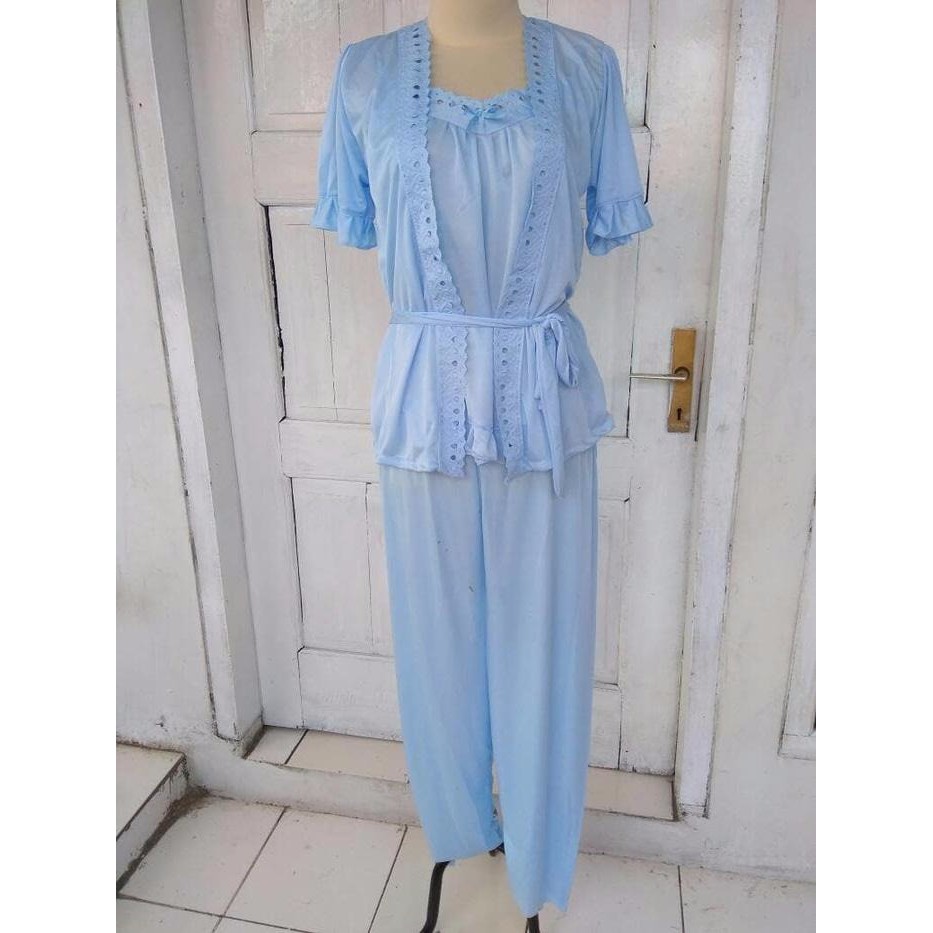 LINGERIE TIDUR KIMONO SATIN BIRU CELANA PANJANG 3 IN 1 MURAH a1
