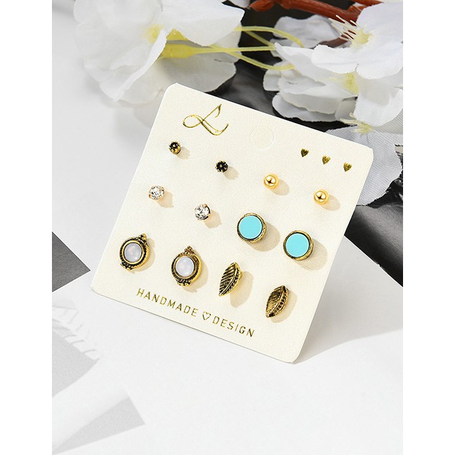 LRC Anting Set Fashion Gold Round Diamond Stud Earrings 6 Pairs F29780
