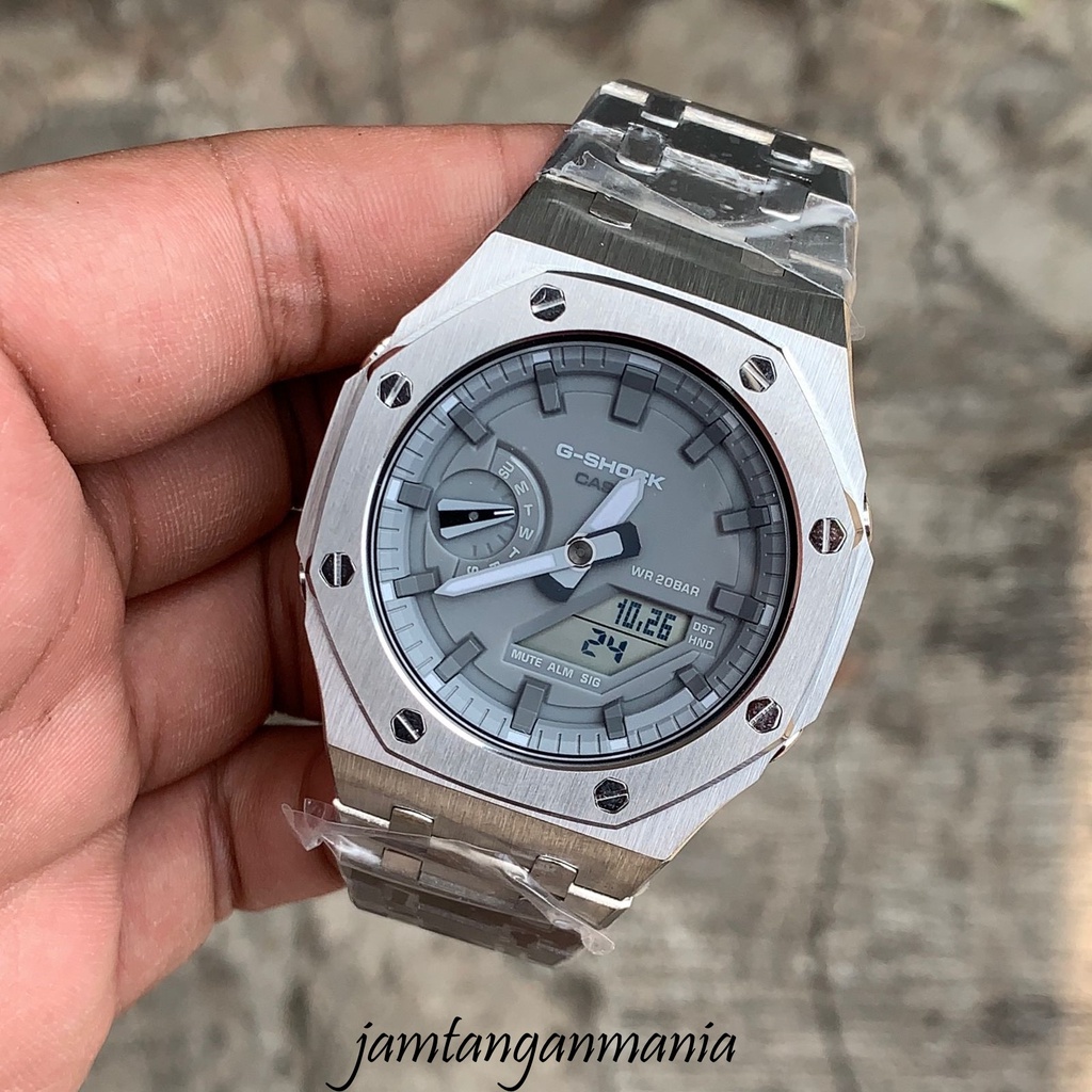 Jam Tangan G-Shock GA2100 GA-2100 GA 2100 Original Custom Strap Bezel Silver Stainless Steel Mesin/ 
