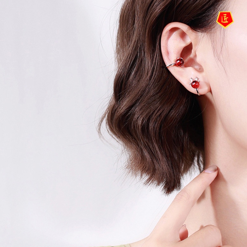 [Ready Stock]Female S925 Silver Red Garnet Antlers Ear Clip