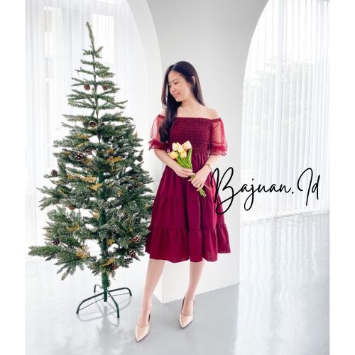 BIG SIZE M-XXXXL Dress Smoke Dres Sabrina Irise Wanita korea A Line Bodycon Maxi Casual Natal pesta 