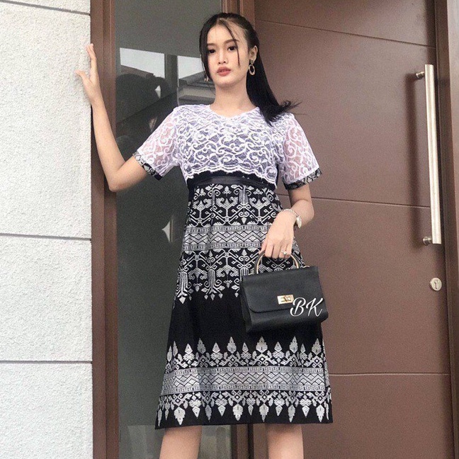 Tunik Batik Wanita Lengan Pendek Brokat Katun Motif SOngket Kuning Silver Gold