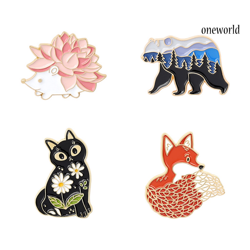 OW@ 4Pcs Animal Badge Fox Cartoon Flowers Design Cartoon Animal Japanese Style Enamel Brooch for Birthday Gifts