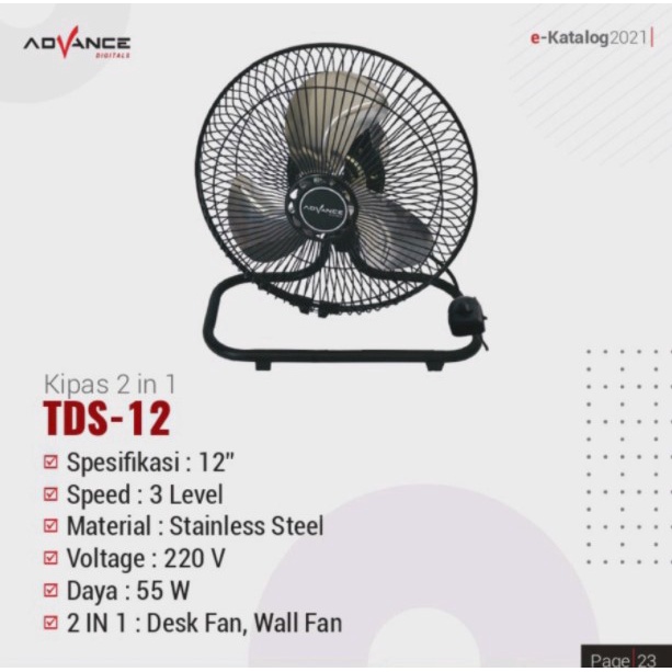 Advance Kipas Angin 12&quot; Duduk Dinding 2in1 Stainless Besi TDS-12 Swing